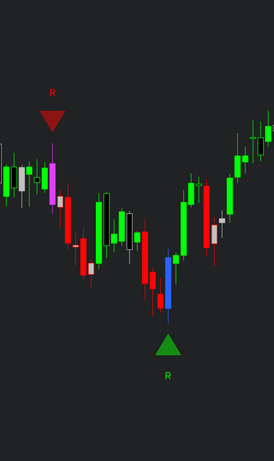 Trading chart displaying signal bars of the Trend Bars Pro indicator with a red downward reversal signal at the top and a green upward reversal signal at the bottom. The chart highlights a market movement where the price initially declines, reaching a low before reversing into an uptrend. Colored candlesticks indicate different market phases, with green representing upward movement and red representing downward movement.