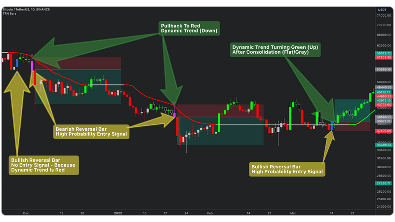 Bitcoin (BTC/USDT) daily chart from Binance using the Trend Bars Pro indicator. The chart highlights key trading signals, including bearish and bullish reversal bars, high-probability entry signals, and dynamic trend shifts. Red and green trend lines indicate bearish and bullish trends, respectively. Annotations highlight a pullback to the red dynamic trend, confirming a bearish trend continuation, while a transition to green marks a bullish breakout after consolidation.